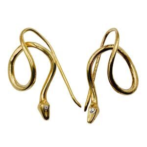 D’Joy 925 Sterling Silver Gold Tone Snake Dangle Earrings Clear Stones Serpent